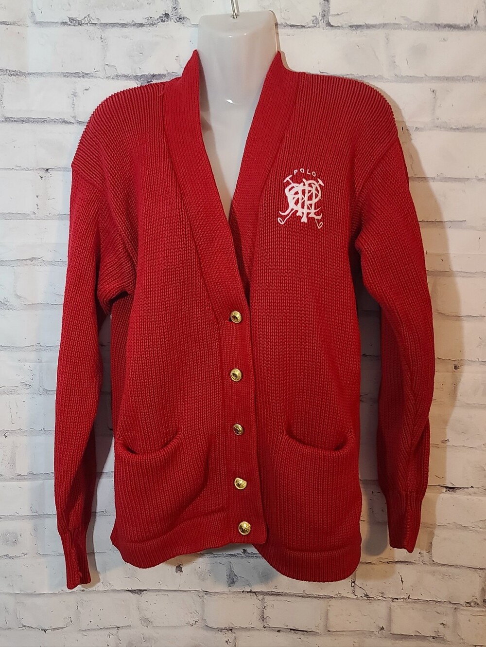 Ralph Lauren Red Knit Cardigan with Embroidered Logo